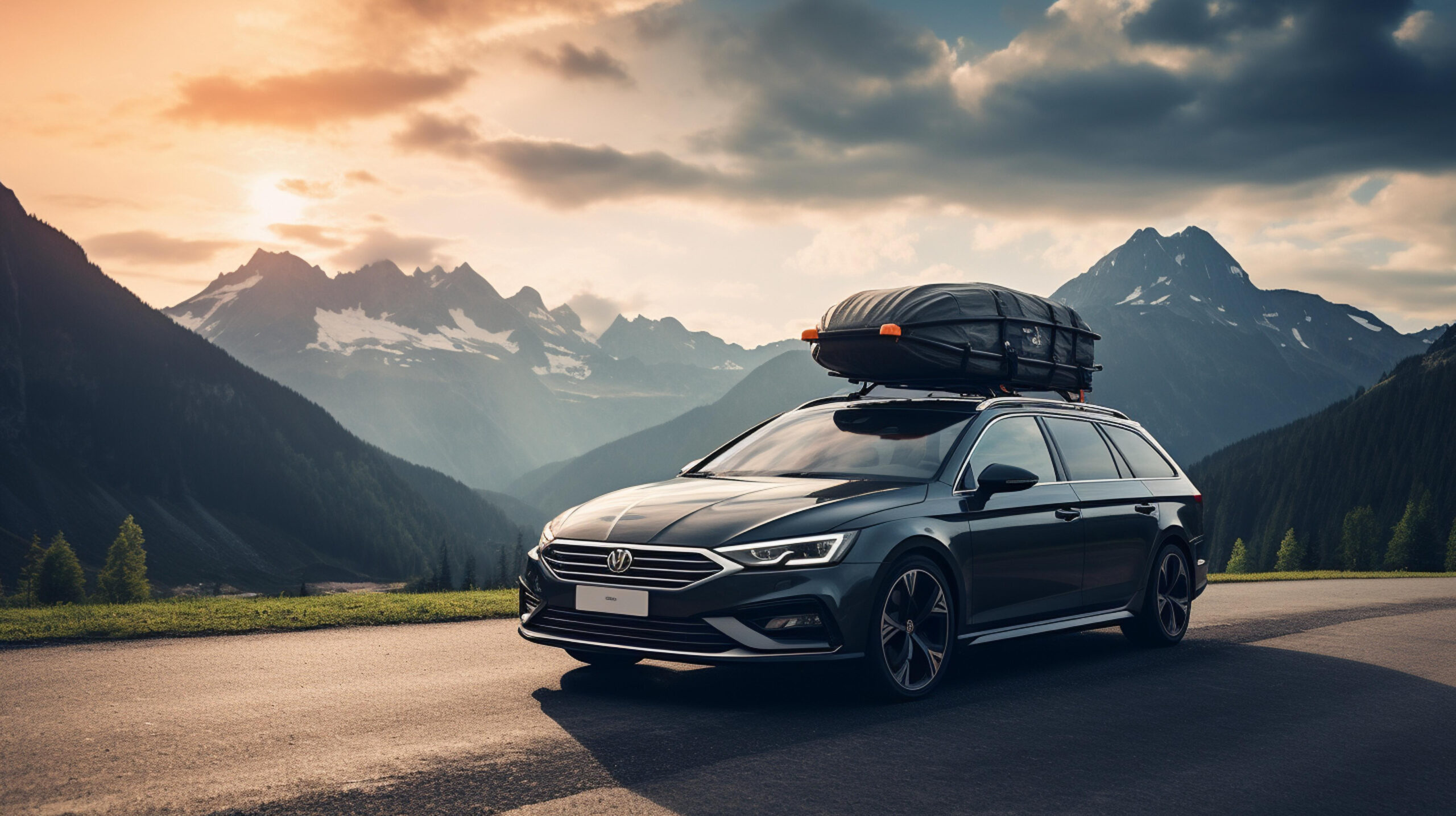 Car with a roof rack on the roof and mountains in the background